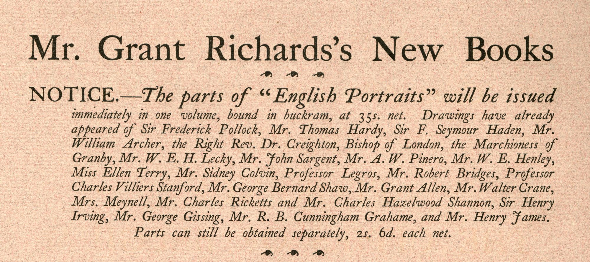 William Rothenstein『English Portraits』（1898年、Grant Richards）の広告
